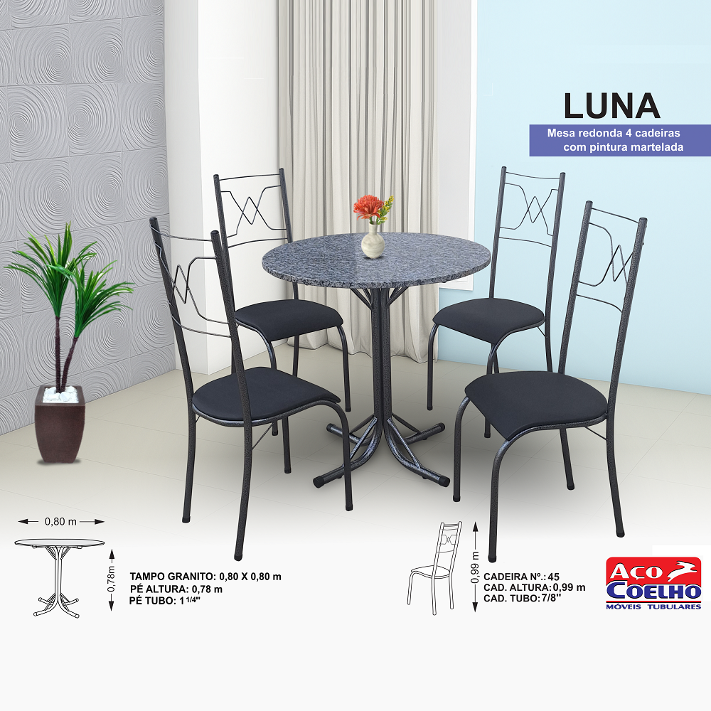 Mesa de Cozinha 4 Cadeiras Luna Luxo Tampo de Granito Redonda 80x80cm Aço Coelho, , large image number 1