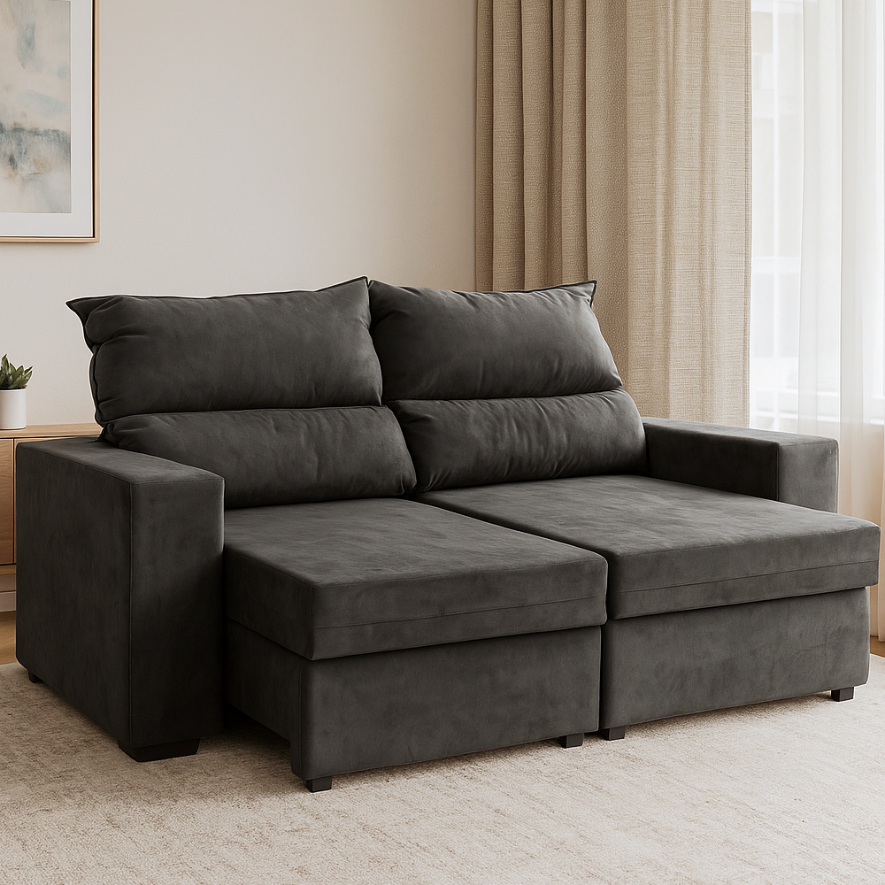 Sofá Retrátil e Reclinável 2 Lugares 200cm Suede Cinza Movelpaz, , large image number 1