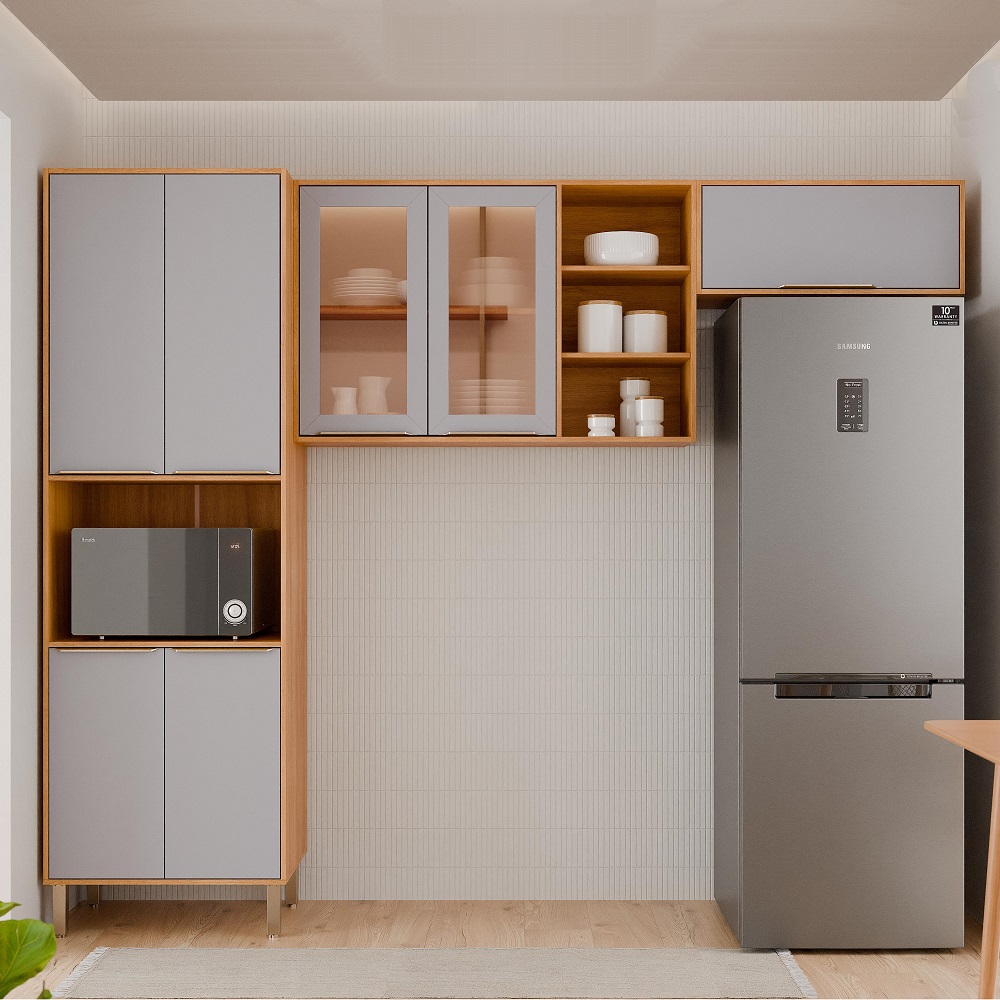 Cozinha Completa 3 peças 7 Portas 6 Prateleiras Cinamomo/Platina MGM Brilhante - 100% MDF, , large image number 1