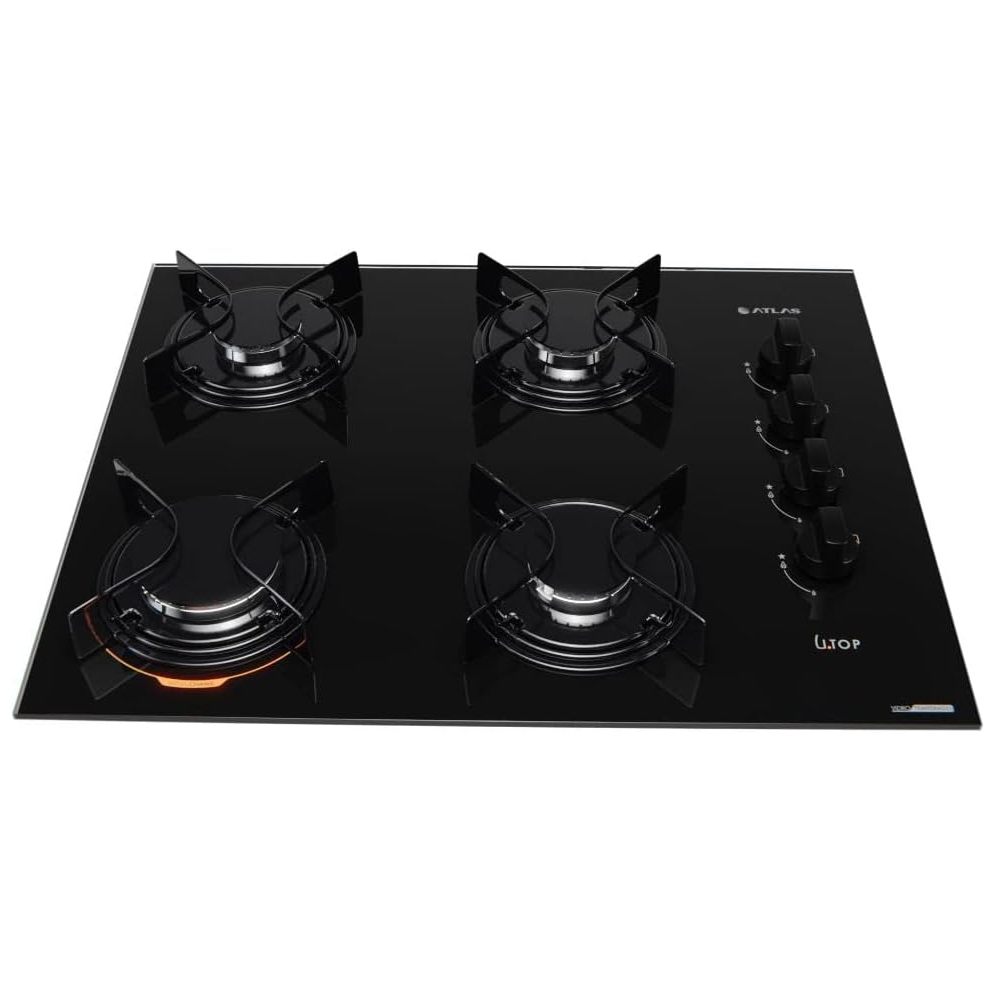 Fogao Cooktop Atlas 4 Bocas Utop Glass com Mesa em Vidro Acendimento Automático preto