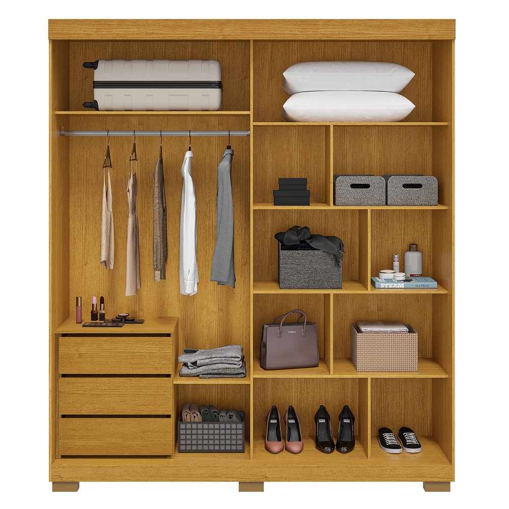 Guarda-Roupa Solteiro 2 Portas 3 Gavetas com Espelho Cinamomo/Off White ACP Athena 100% MDF, , large image number 2