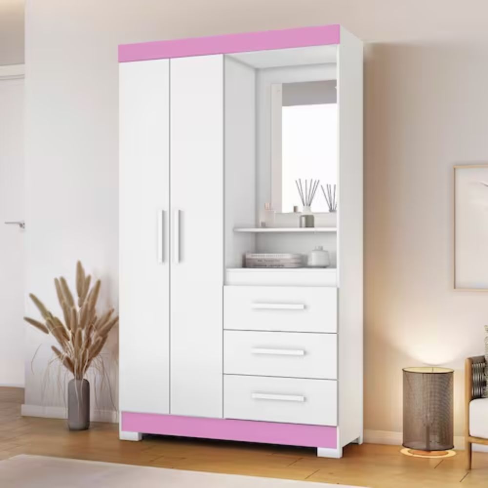 Guarda-Roupa Solteiro 2 Portas 3 Gavetas Branco/Rosa Notável NT6020, , large image number 2