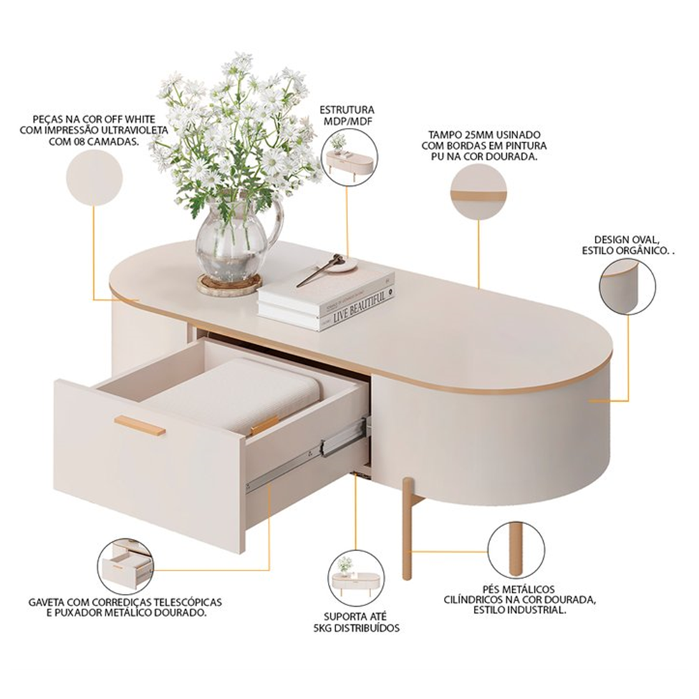 Mesa de Centro Dj Móveis Oval Celena 107,5 x 46,5 cm Off White / Off White, , large image number 3