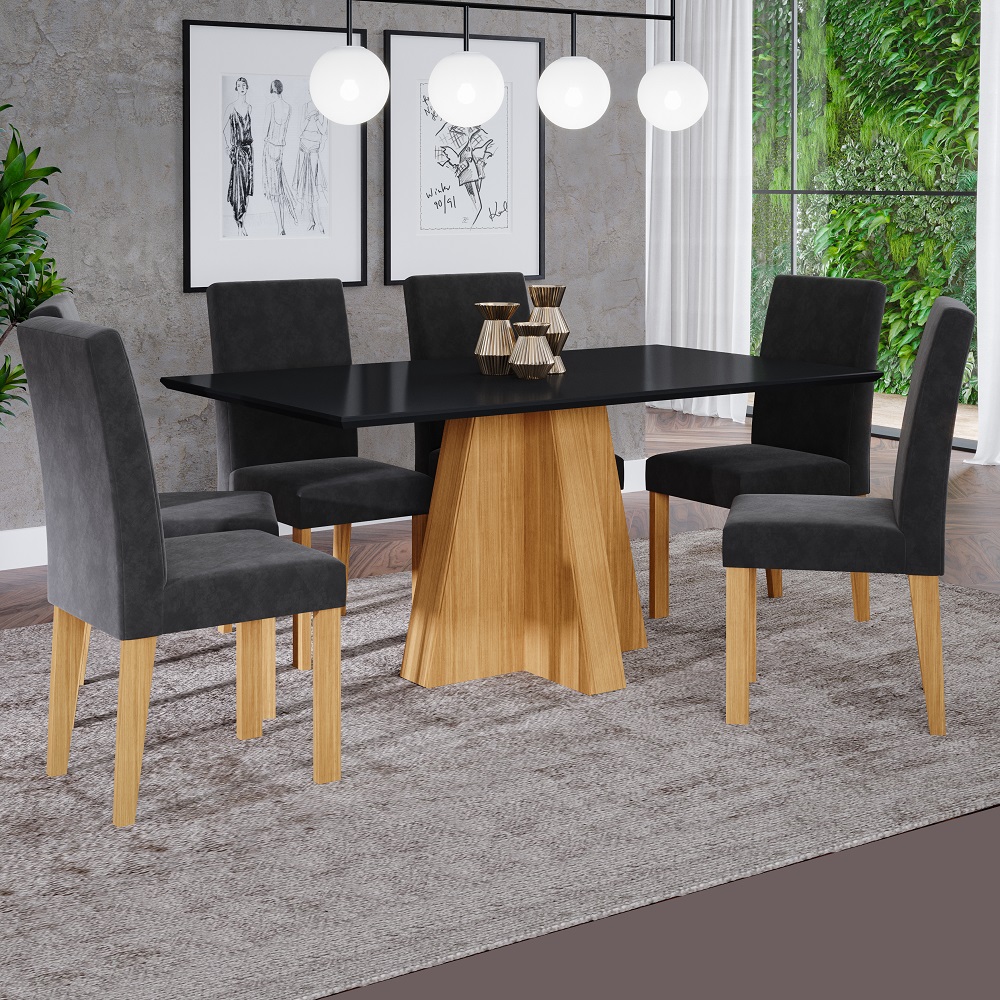 Conjunto de Mesa Sala Jantar Retangular 160x80 com 6 Cadeiras Maia Nature/Chumbo Cimol Patrícia