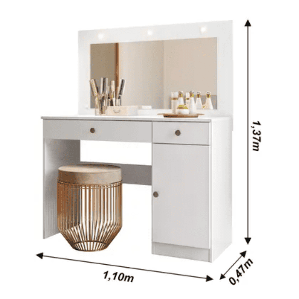 Penteadeira Camarim com Led 1 Porta 2 Gavetas Branco MDP Bella Moval, , large image number 5