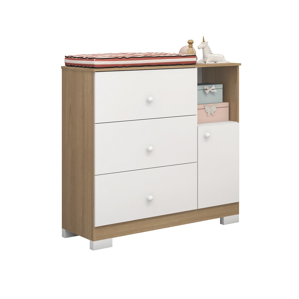 Cômoda Estrela Flok 1 Portas 1 Prateleira e 3 Gavetas Naturalle/Branco 100% MDF