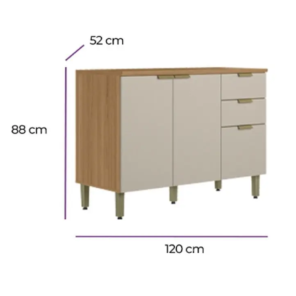 Balcão de Cozinha com Tampo 3 Potas 2 Gavetas 120cm Jequitibá/Off White - 100% MDF, , large image number 2