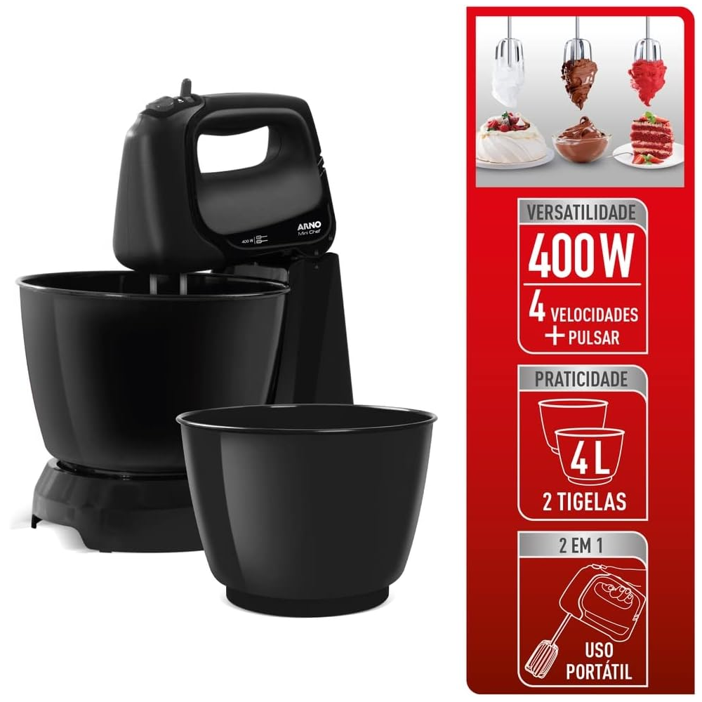 Batedeira Mini Chef Arno Preta HM11 2 Tigelas 400W 220V SX1618B2, , large image number 5