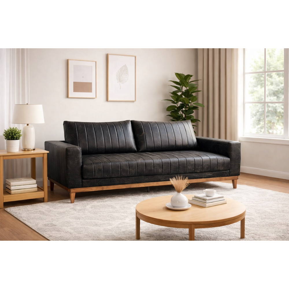 Sof&aacute; 4 Lugares 1 Assento Tecido Corino Preto 200cm Acento Fixo Movelpaz Caline, , large image number 1