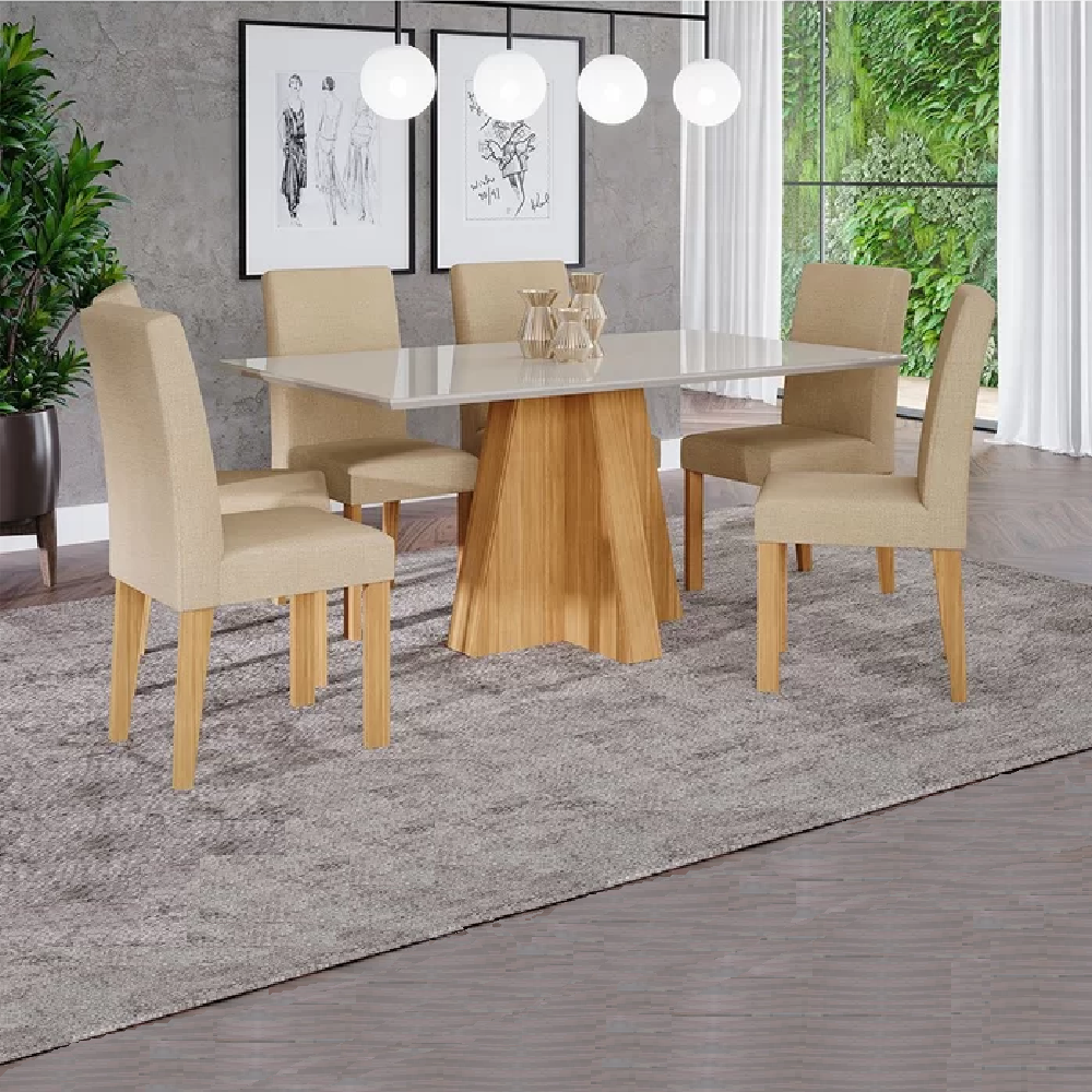 Conjunto Mesa Sala de Jantar Retang 160x80 6 Cadeiras Maia Nature/Off White/Gengibre Cimol Patricia