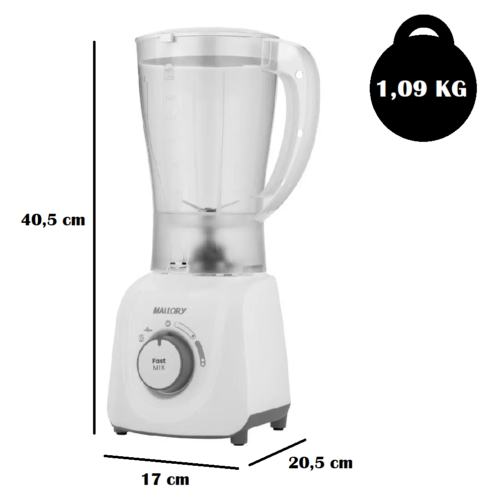 Liquidificador Mallory Branco 2 Velocidades + Pulsar 2,1L Fast Mix 220V 600W, , large image number 3