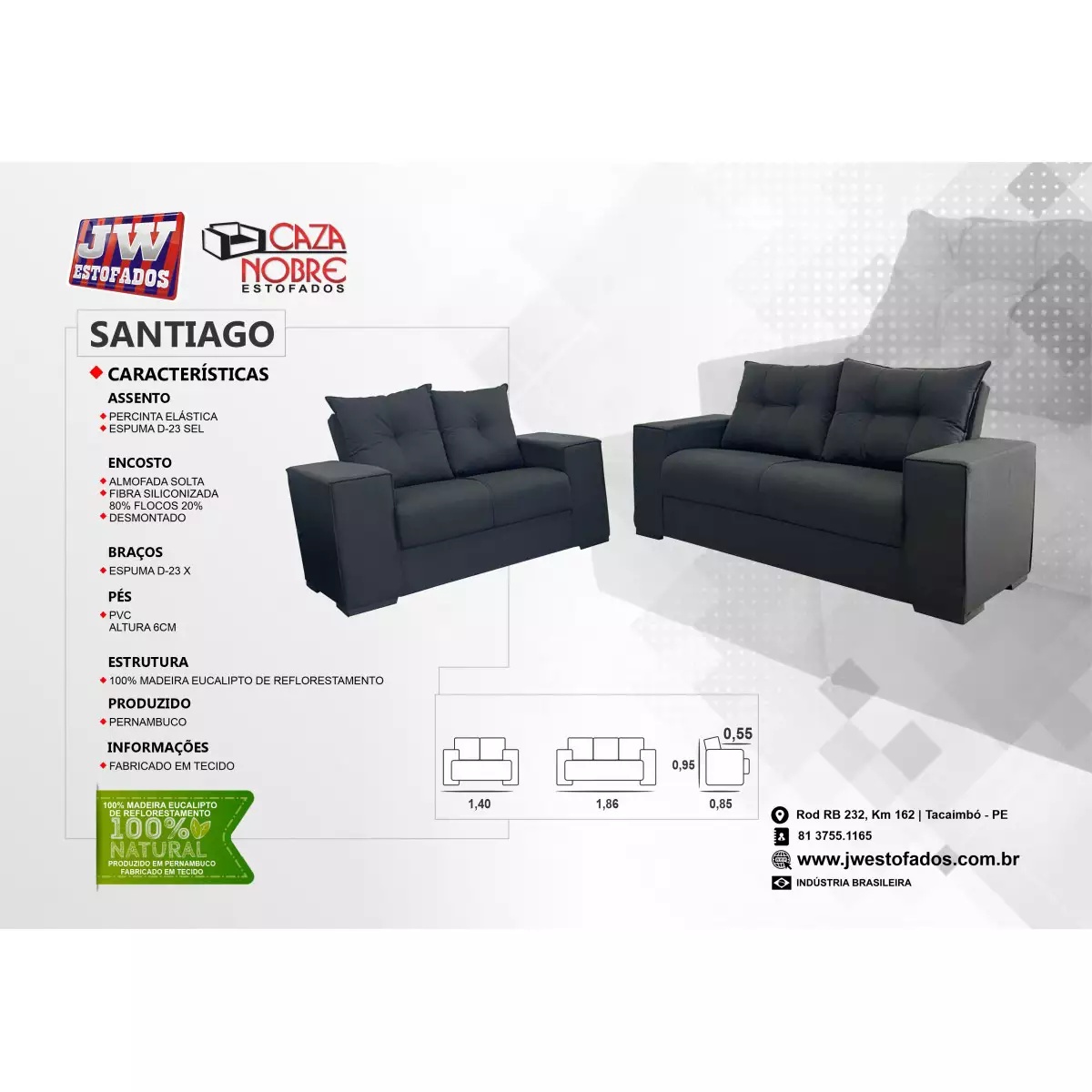 Conjunto de Sofá 2 e 3 Lugares Chumbo JW Santiago