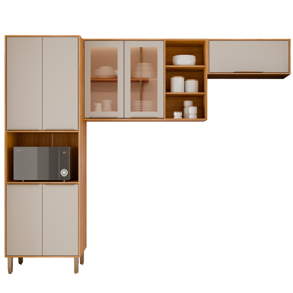 Cozinha Completa 3 peças 7 Portas 6 Prateleiras Cinamomo/off White MGM Brilhante - 100% MDF