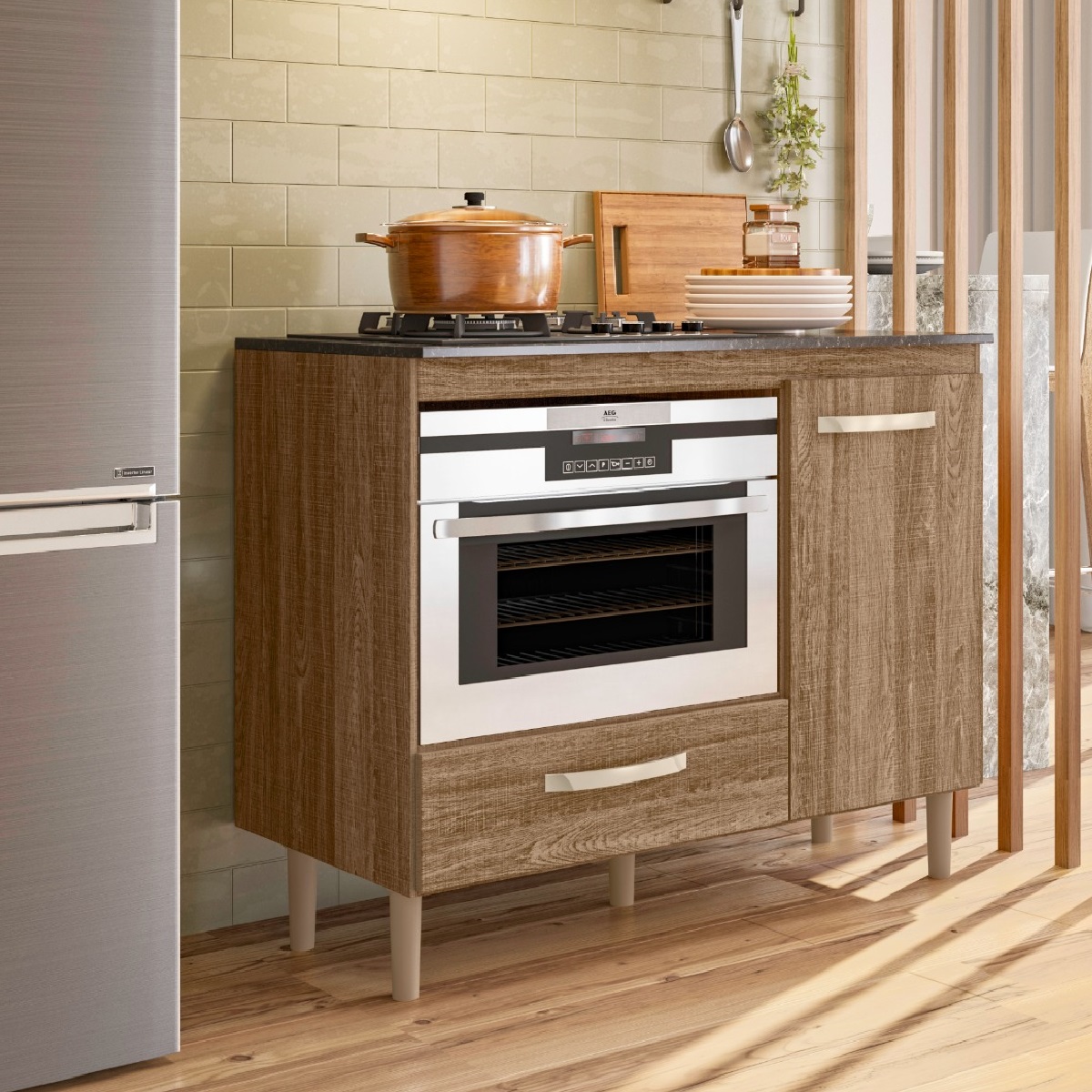 Balcão de Cozinha para Cooktop e Forno Fit 1 Porta 1 Gaveta Carvalho Nicioli
