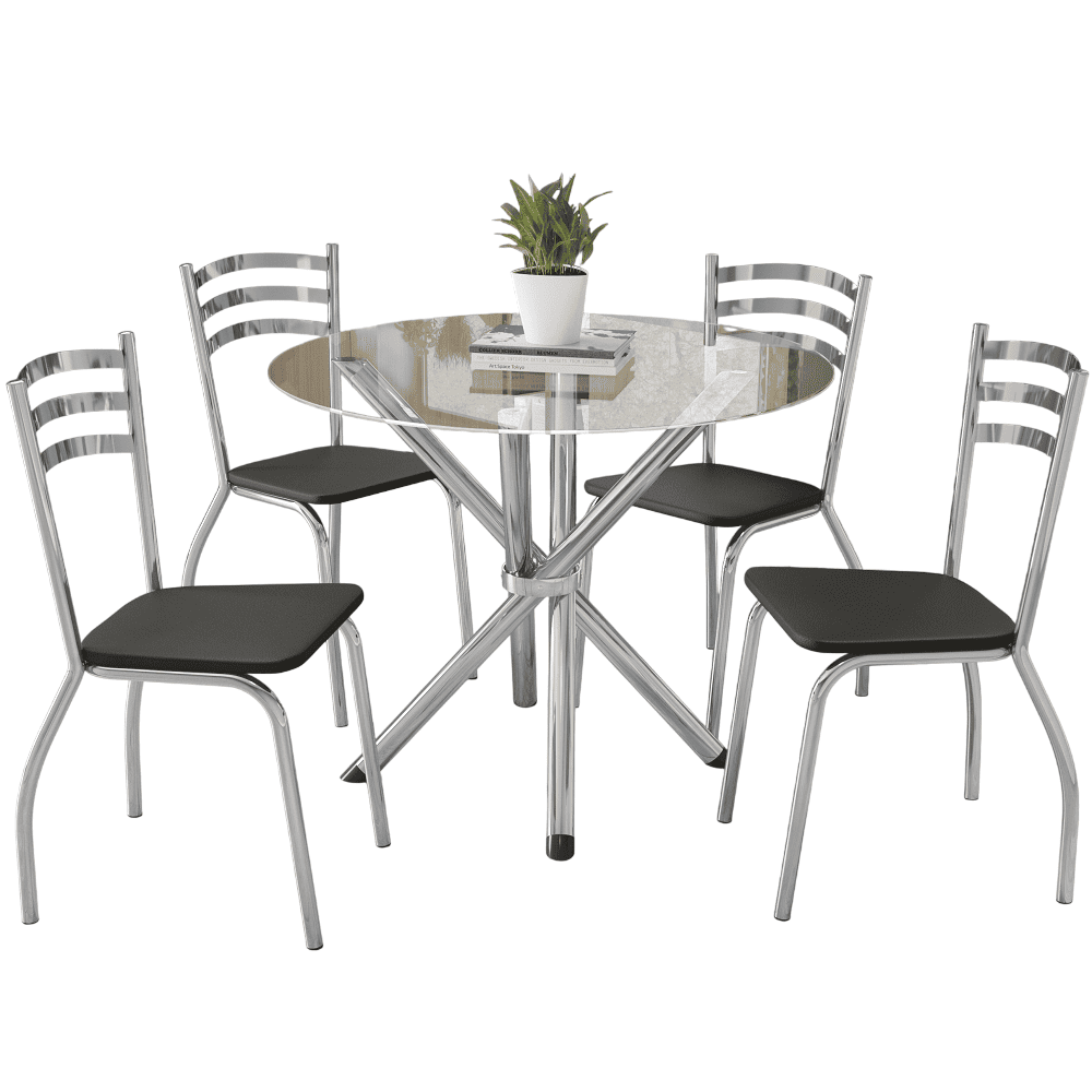 Conjunto Mesa Redonda de Vidro com 4 Cadeiras Cromado/Preta Kappesberg Portugal