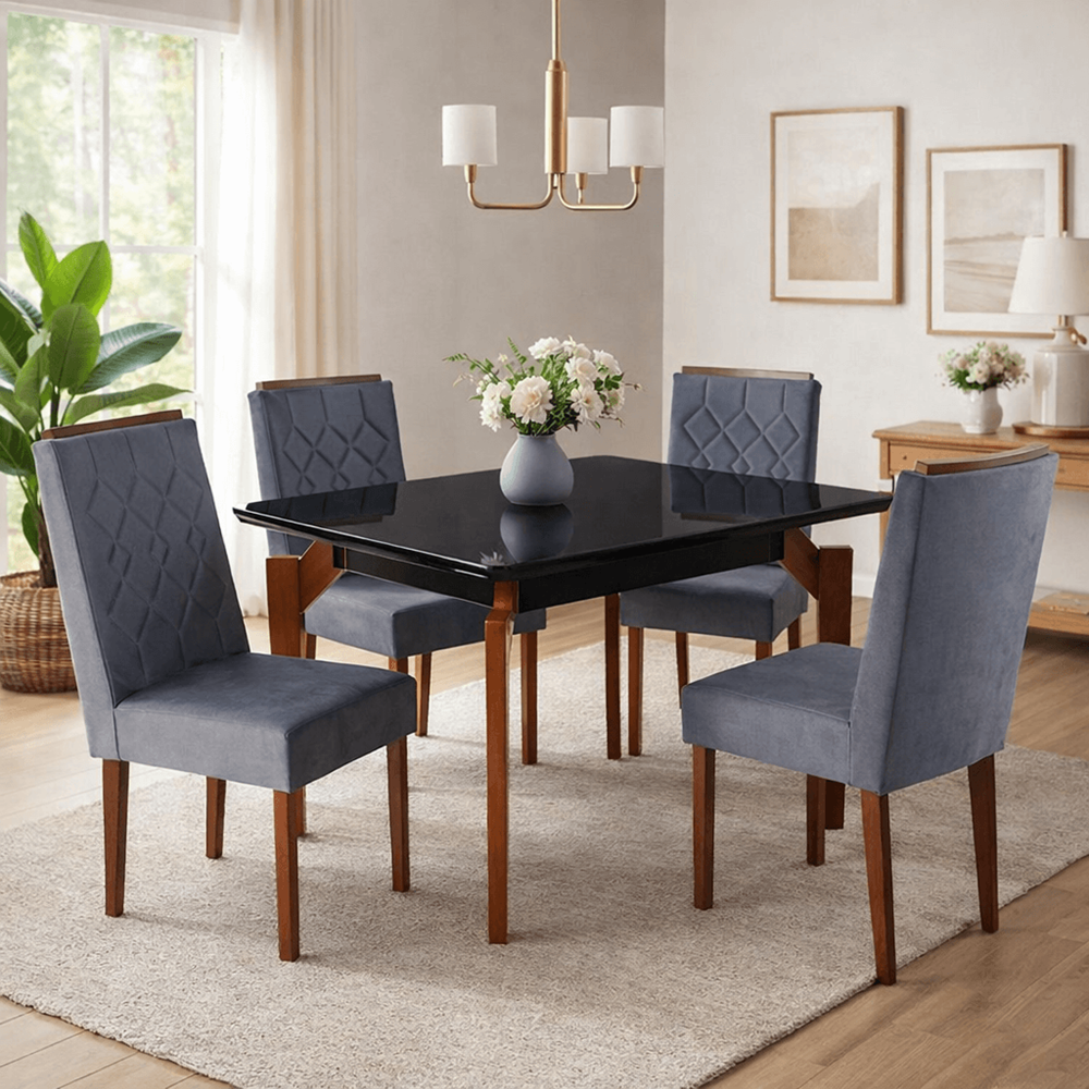 Mesa de Jantar 4 Cadeiras Retangular Tampo de Vidro Abeille S&atilde;o Carlos Cinza/Mel, , large image number 1