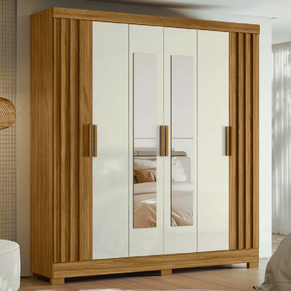 Guarda-Roupa Casal 6 Portas 2 Gavetas com Espelho Freij&oacute;/Off White Moval Valen&ccedil;a Ripado, , large image number 1