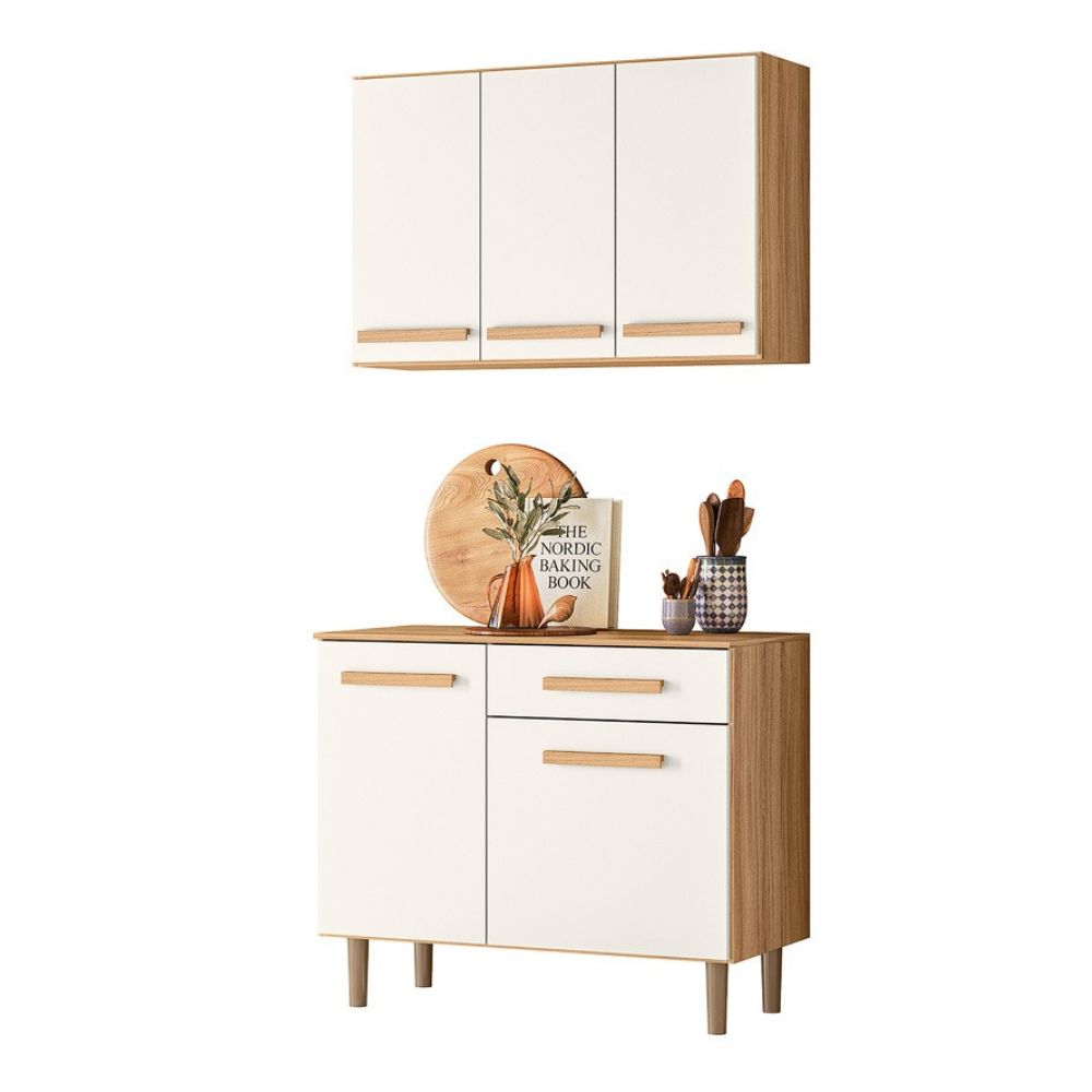 Armário De Cozinha Com Aéreo E Balcão 5 Portas 1 Gaveta Freijó/Off White Nicioli Lemon
