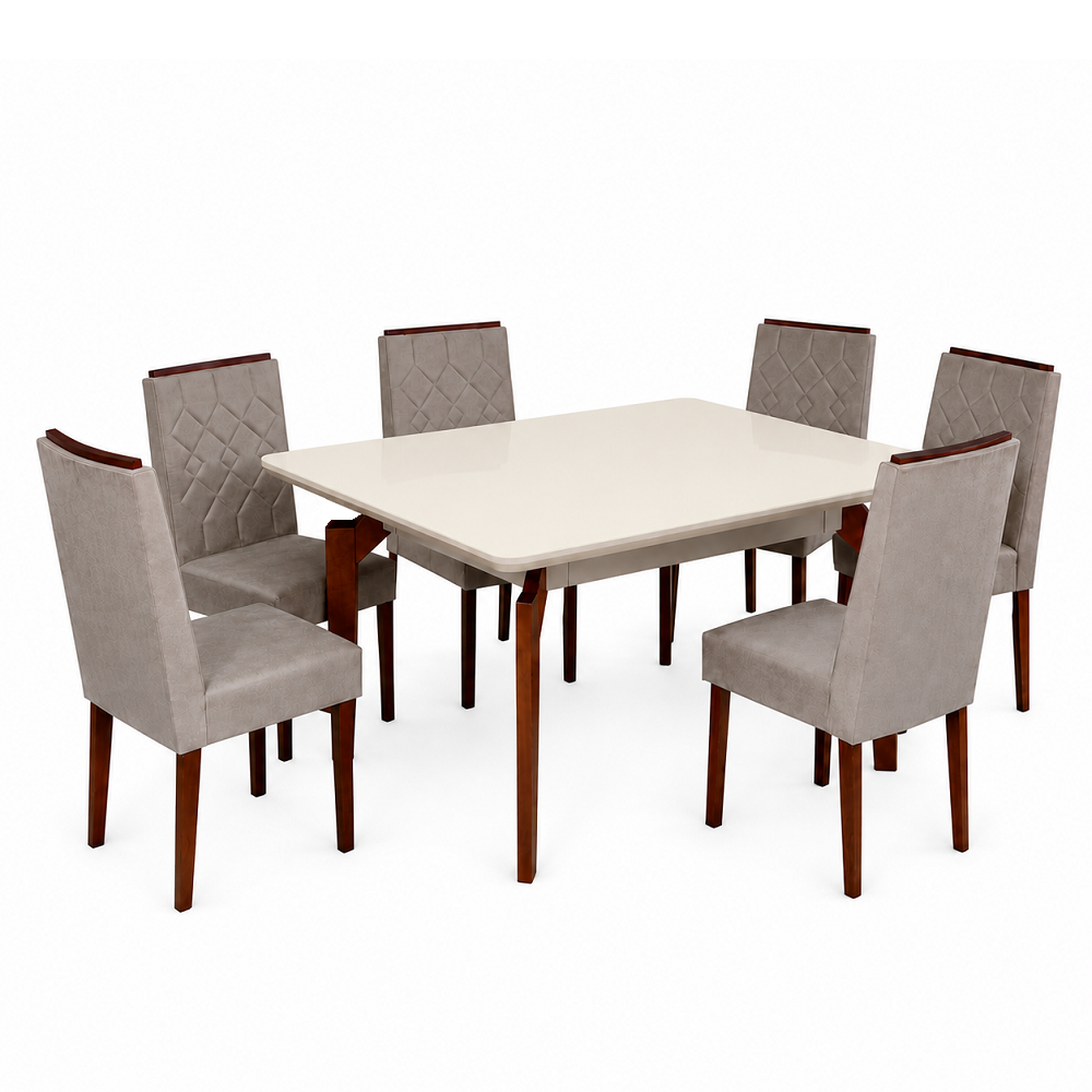 Mesa de Jantar 6 Cadeiras Torino Retangular 157,5x93cm Bege/Mel/Off White S&atilde;o Carlos Abeille