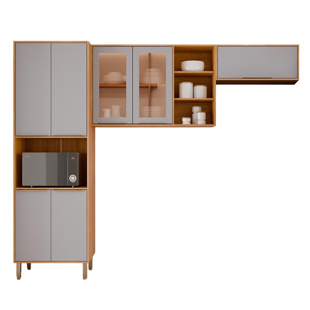 Cozinha Completa 3 peças 7 Portas 6 Prateleiras Cinamomo/Platina MGM Brilhante - 100% MDF