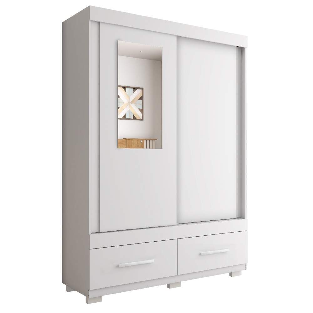 Guarda-Roupa Solteiro 2 Portas Correr 2 Gavetas com Espelho Branco Caemmun Sereno