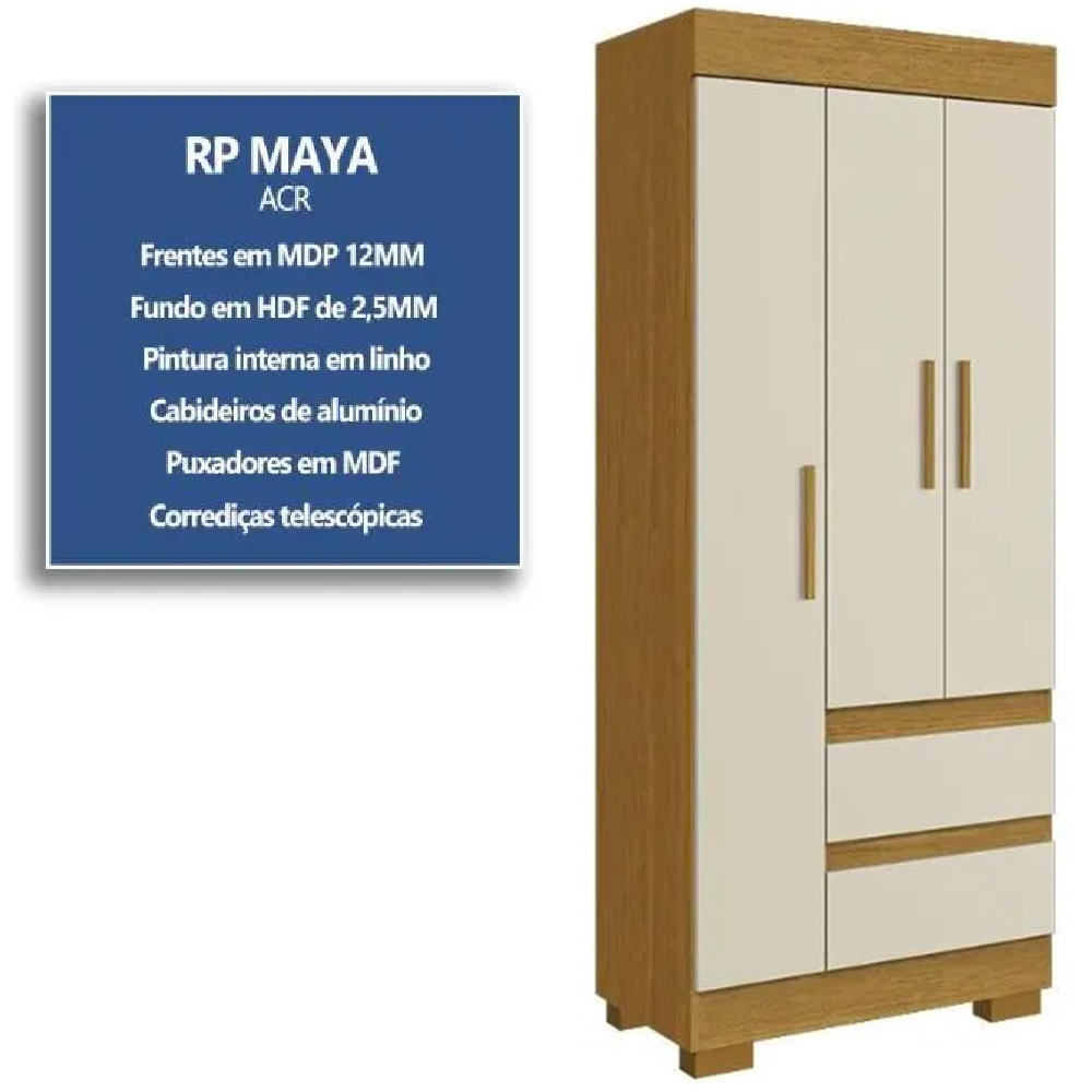 Guarda-Roupa Solteiro 3 Portas 2 Gavetas Cinamomo/OffWhite ACP Maya Plus, , large image number 2