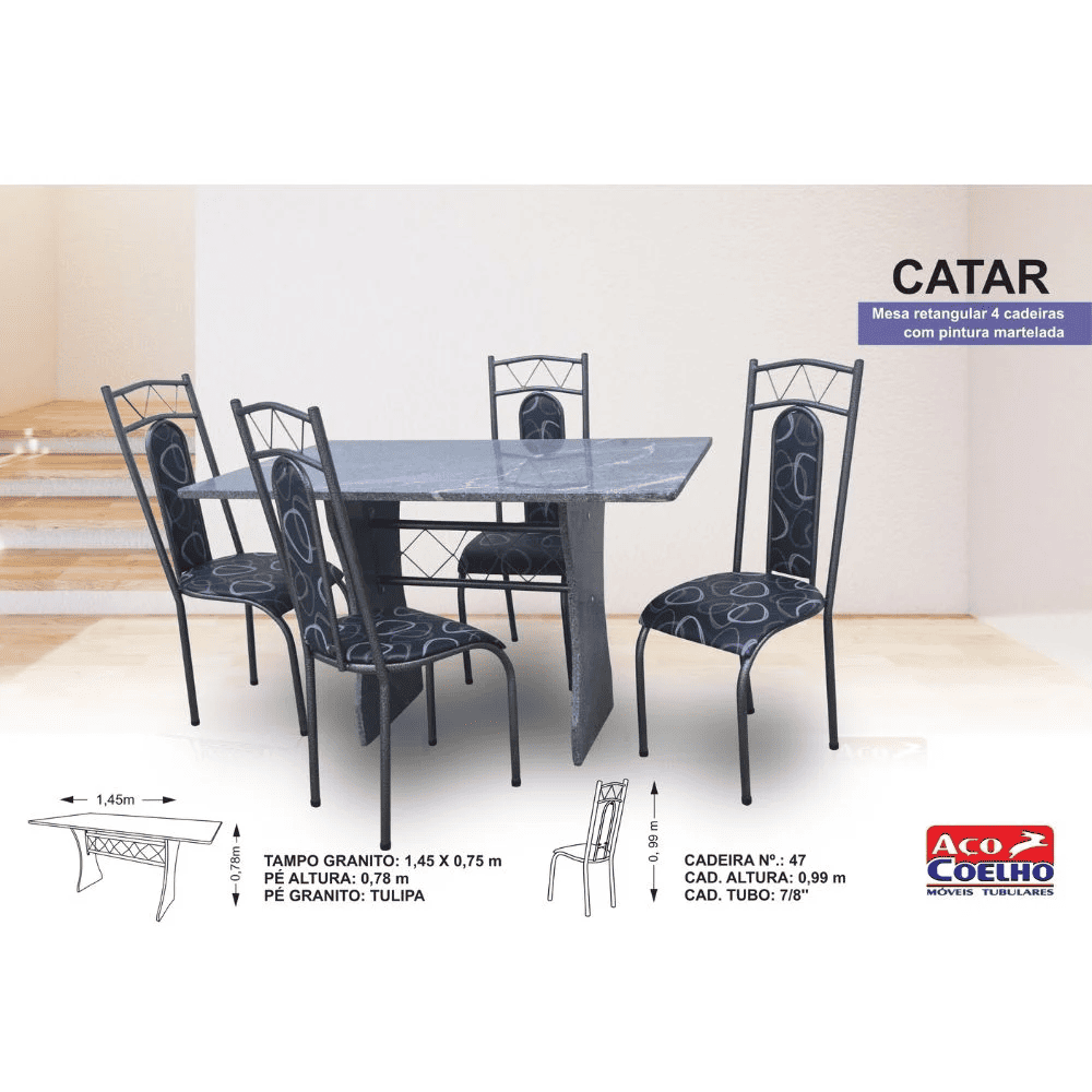 Conjunto de Mesa A&ccedil;o Coelho com 4 Cadeiras e Tampo de Granito 115x75 Catar, , large image number 2