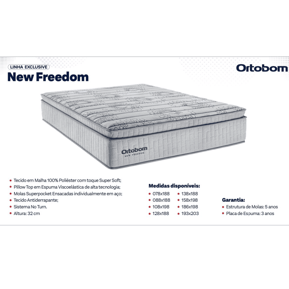 Cama Box Queen Colch&atilde;o + Base Courino Preta D33 Molas Ensacadas Freedom 158x198x74 cm Ortobom, , large image number 3