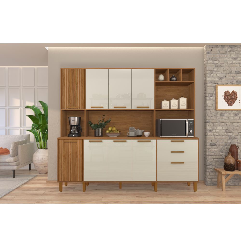 Kit Cozinha Indekes Porto 9 Portas 2 Gavetas 219x198x45,2cm Freijó/Off White, , large image number 3