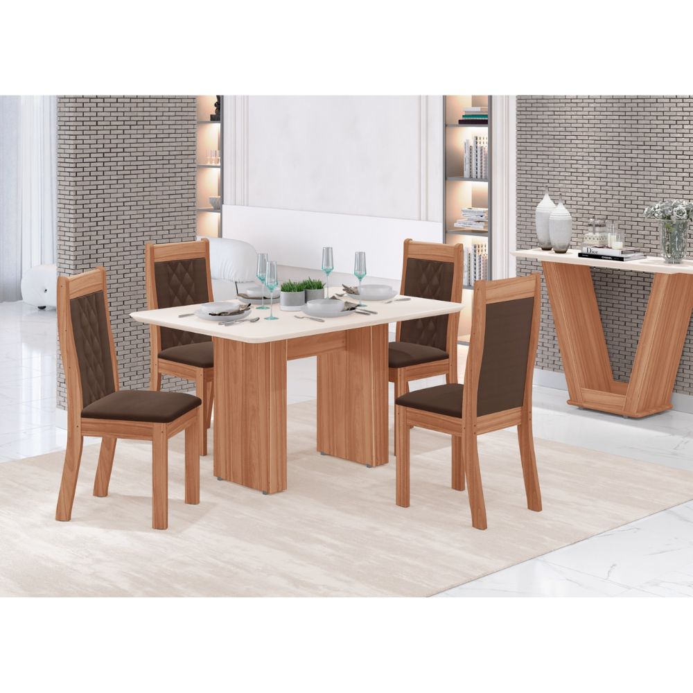 Conjunto de Mesa Tuboarte Helena com 4 Cadeiras Bella Tampo de Vidro 120cm Freijó/Off White/Cooke, , large image number 1
