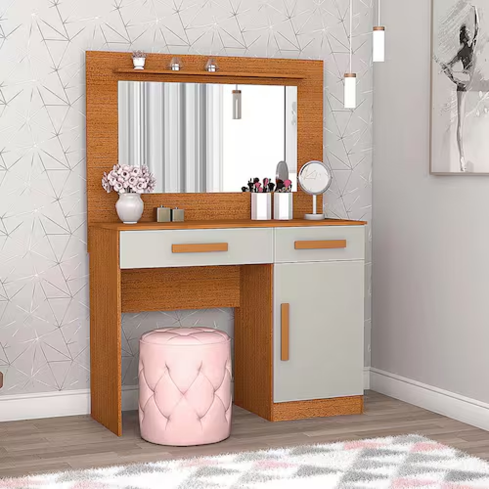 Penteadeira Nature/Off White com Espelho Luz LED 1 Pt 2 Gav 1 Prat Mágno Móveis Munique - 100% MDF, , large image number 2