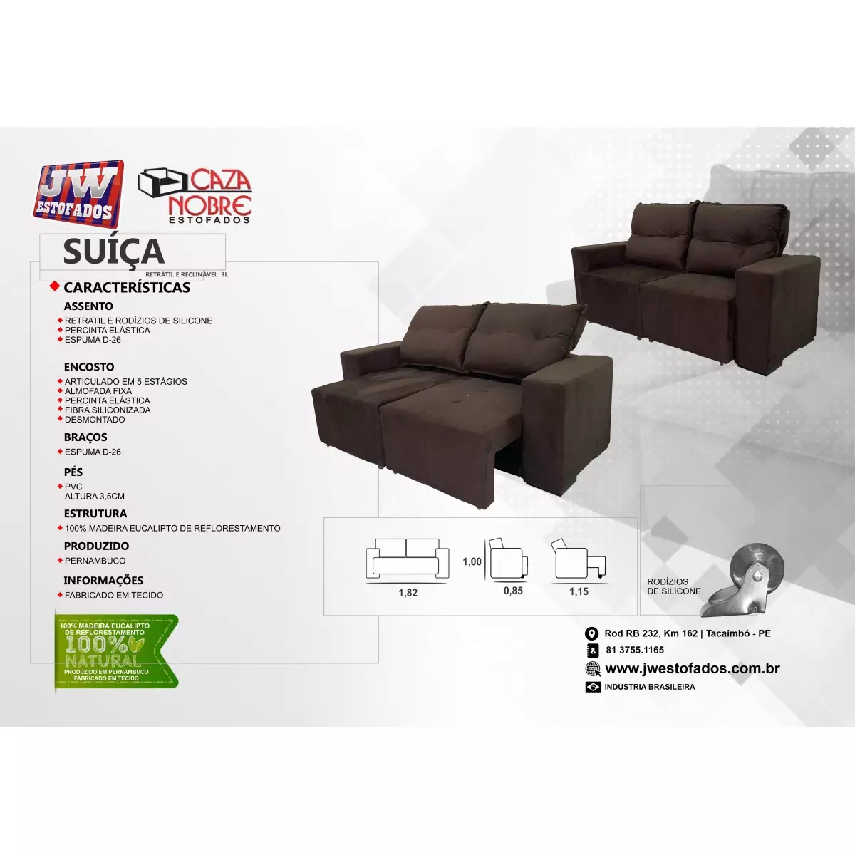 Sofá Retrátil e Reclinável 3 Lugares 183cm Chocolate JW Suíça, , large image number 2