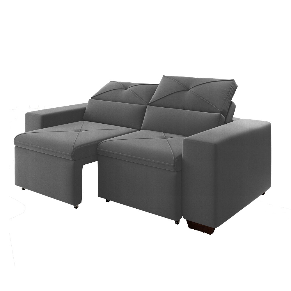 Sofá 3 Lugares 2 Assentos Congo 200cm Retrátil e Reclinável Nordesteflex Veludo Cinza, , large image number 1