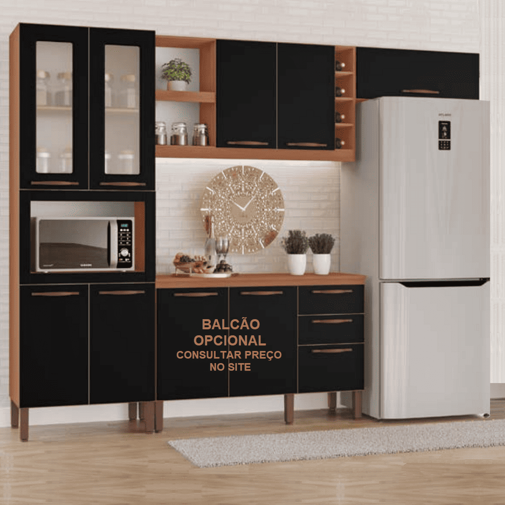Cozinha Completa 7 Portas 4 Prateleiras Freij&oacute; / Preto Tuboarte Larissa 100% MDF, , large image number 1