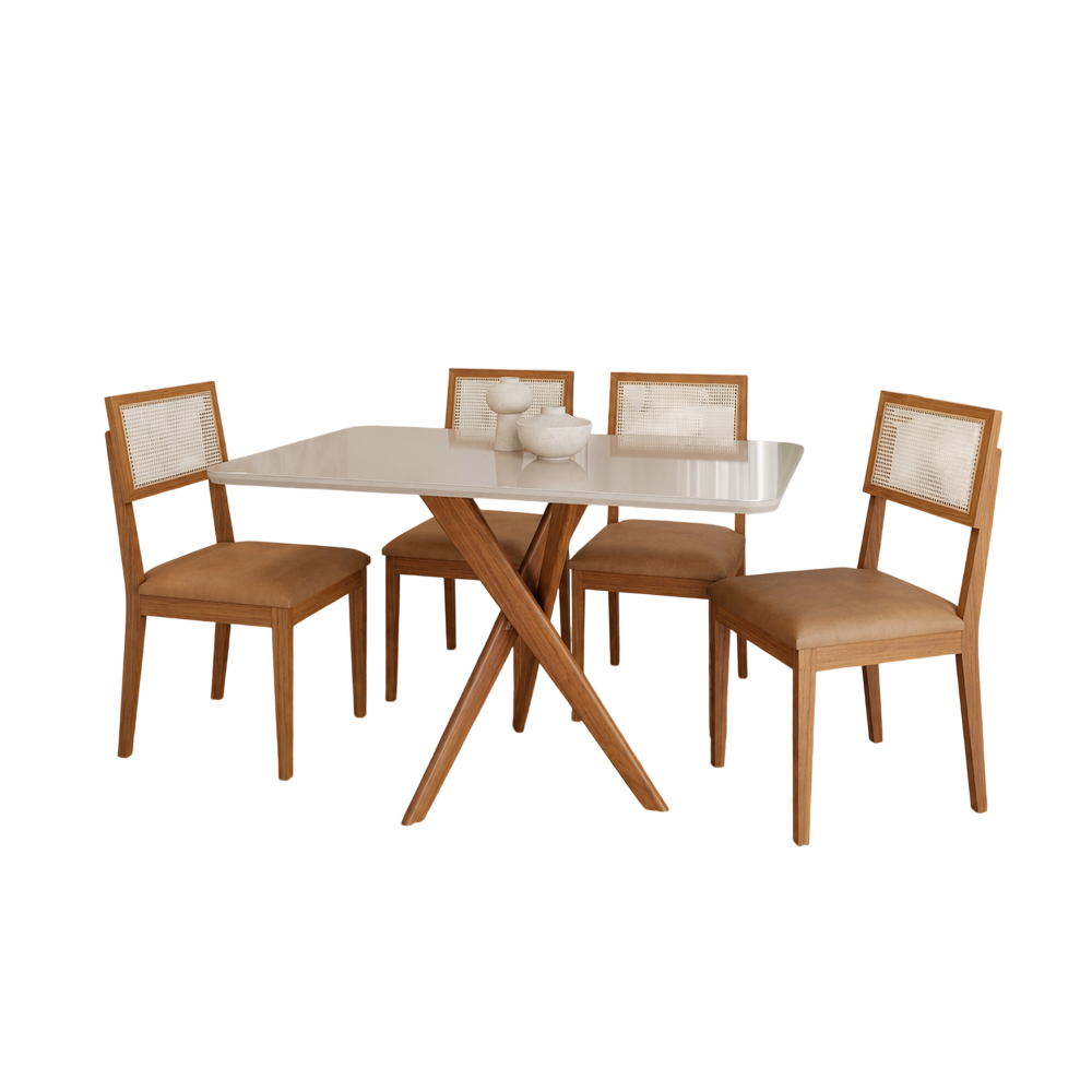 Mesa Sala de Jantar 4 Cadeiras Palmas Retangular 130x80 Madeira/Off White/Kaki Cimol Cacau