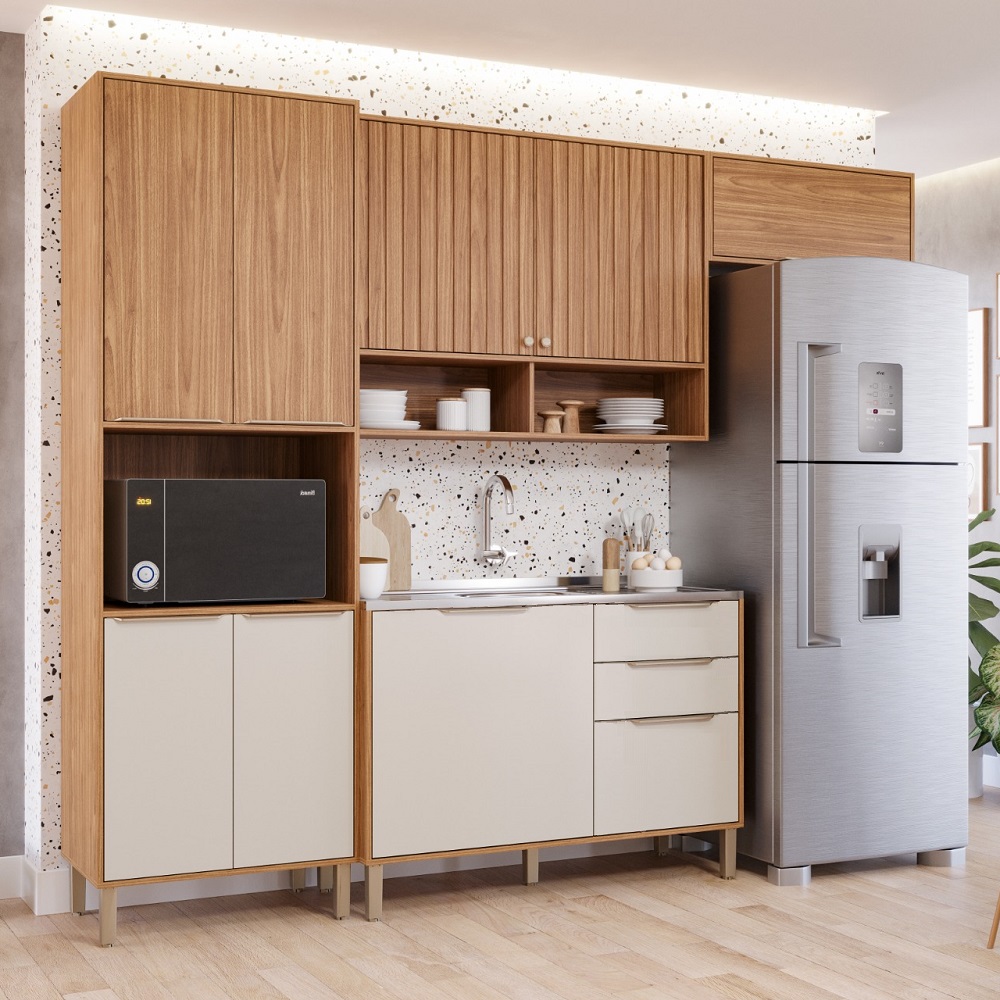 Cozinha Completa com Balcao 9 Portas 2 Gavetas 100% MDF Carvalho/Off White MGM Divina
