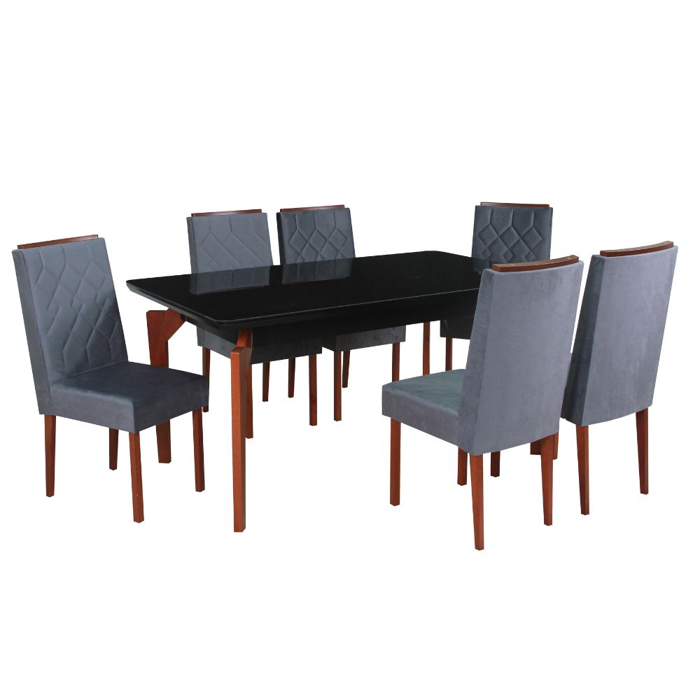 Mesa de Jantar 6 Cadeiras Retangular Tampo de Vidro Abeille São Carlos Cinza/Mel