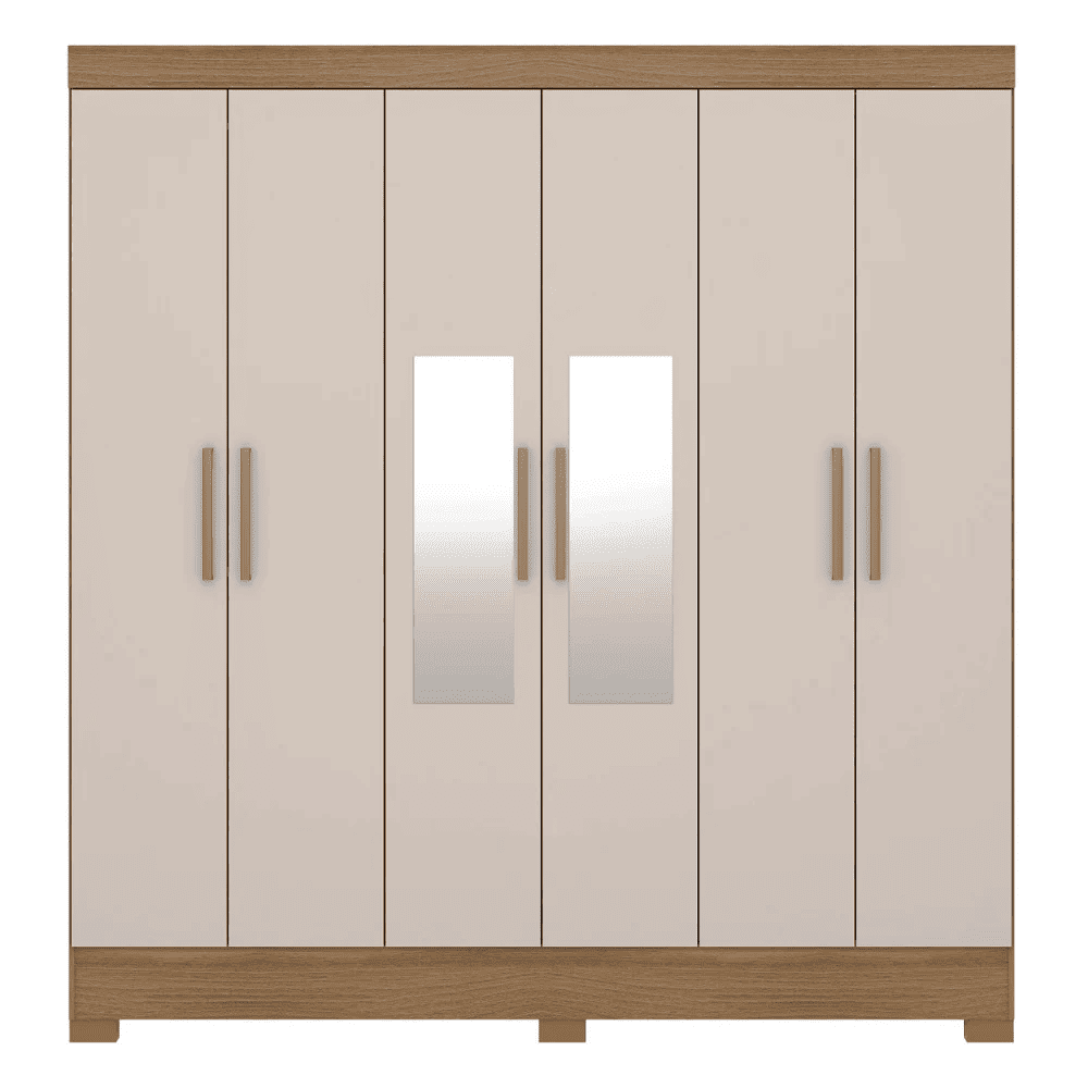 Guarda-Roupa Casal com Espelho 6 Portas 3 Gavetas Amendoa/Off White Dem&oacute;bile Pr&aacute;tico, , large image number 0