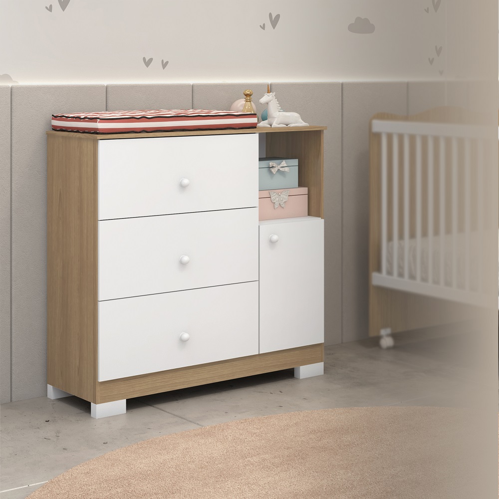 Cômoda Estrela Flok 1 Portas 1 Prateleira e 3 Gavetas Naturalle/Branco 100% MDF, , large image number 3