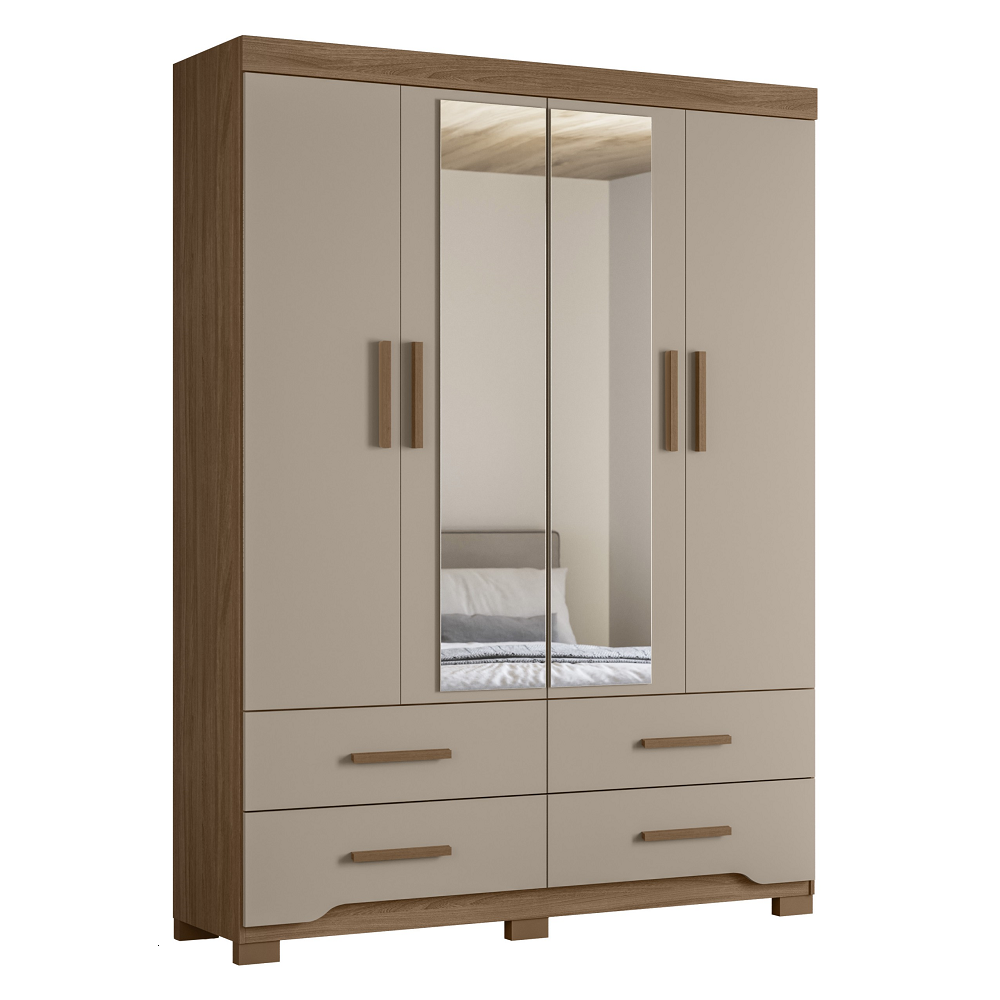 Guarda-Roupa Solteiro 4 Portas 4 Gavetas com Espelho Carvalho/Fendi Moval Miami, Guarda-Roupa Solteiro 4 Portas 4 Gavetas com Espelho Carvalho/Fendi Moval Miami