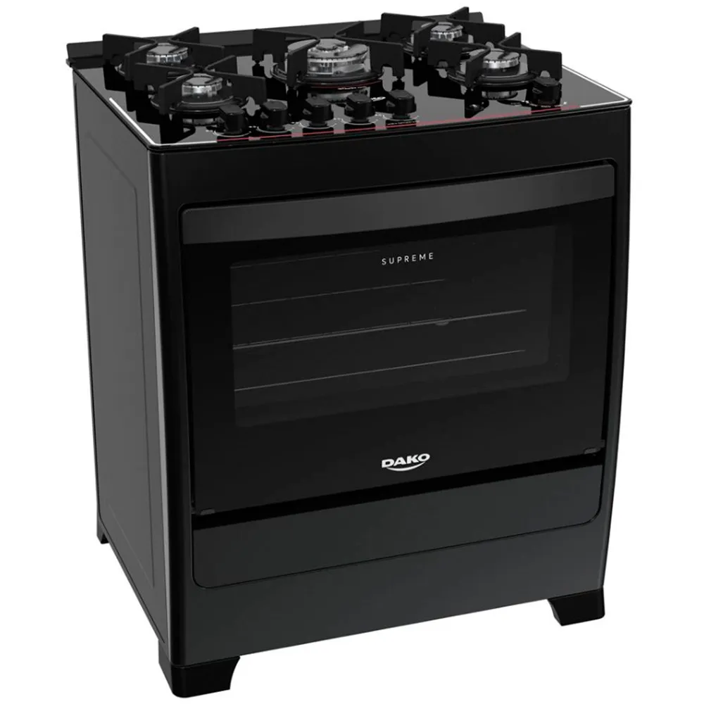 Fogão 5 Bocas Dako Acendimento Automático Mesa de Vidro Preto Bivolt Supreme Glass