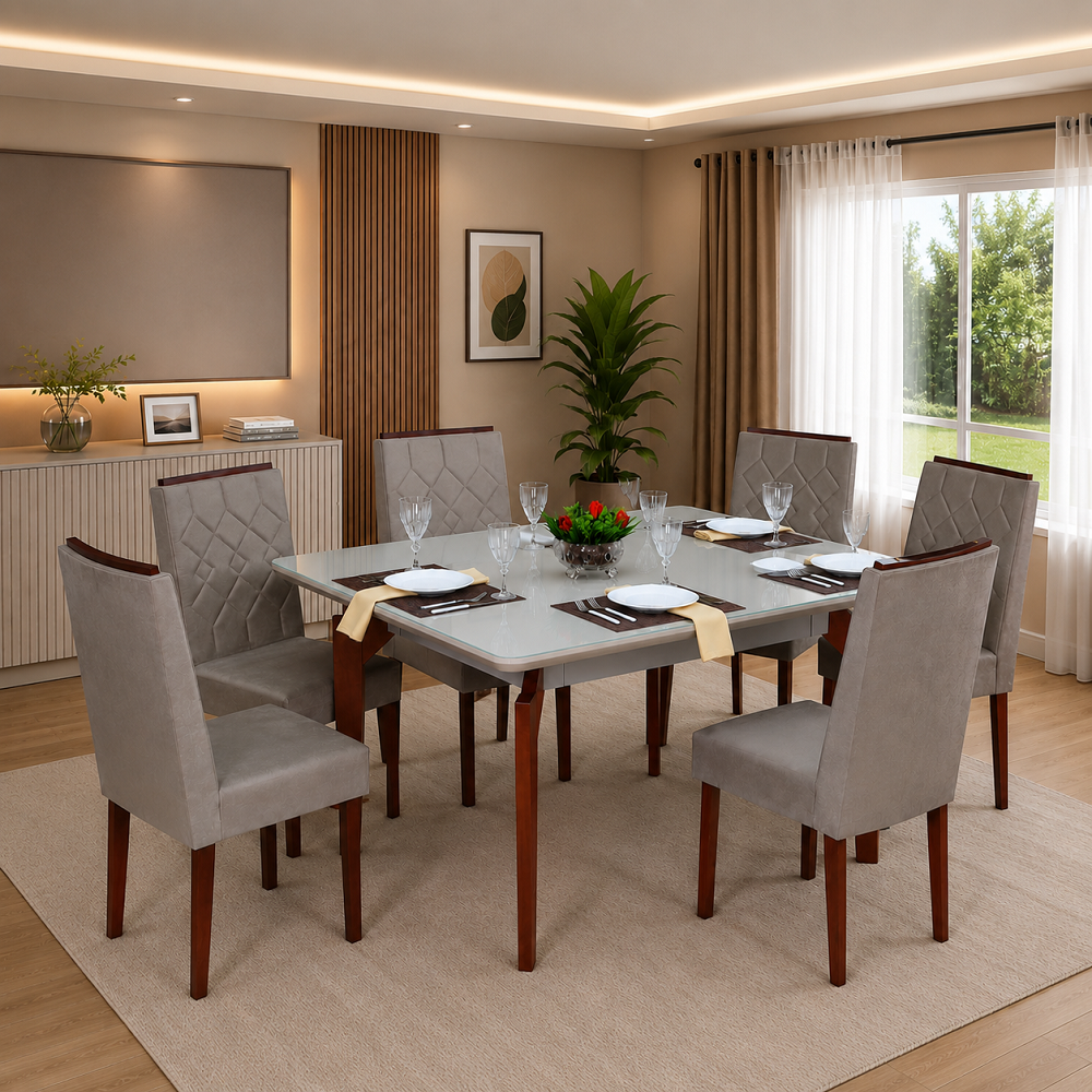Mesa de Jantar 6 Cadeiras Torino Retangular 157,5x93cm Bege/Mel/Off White S&atilde;o Carlos Abeille, , large image number 1