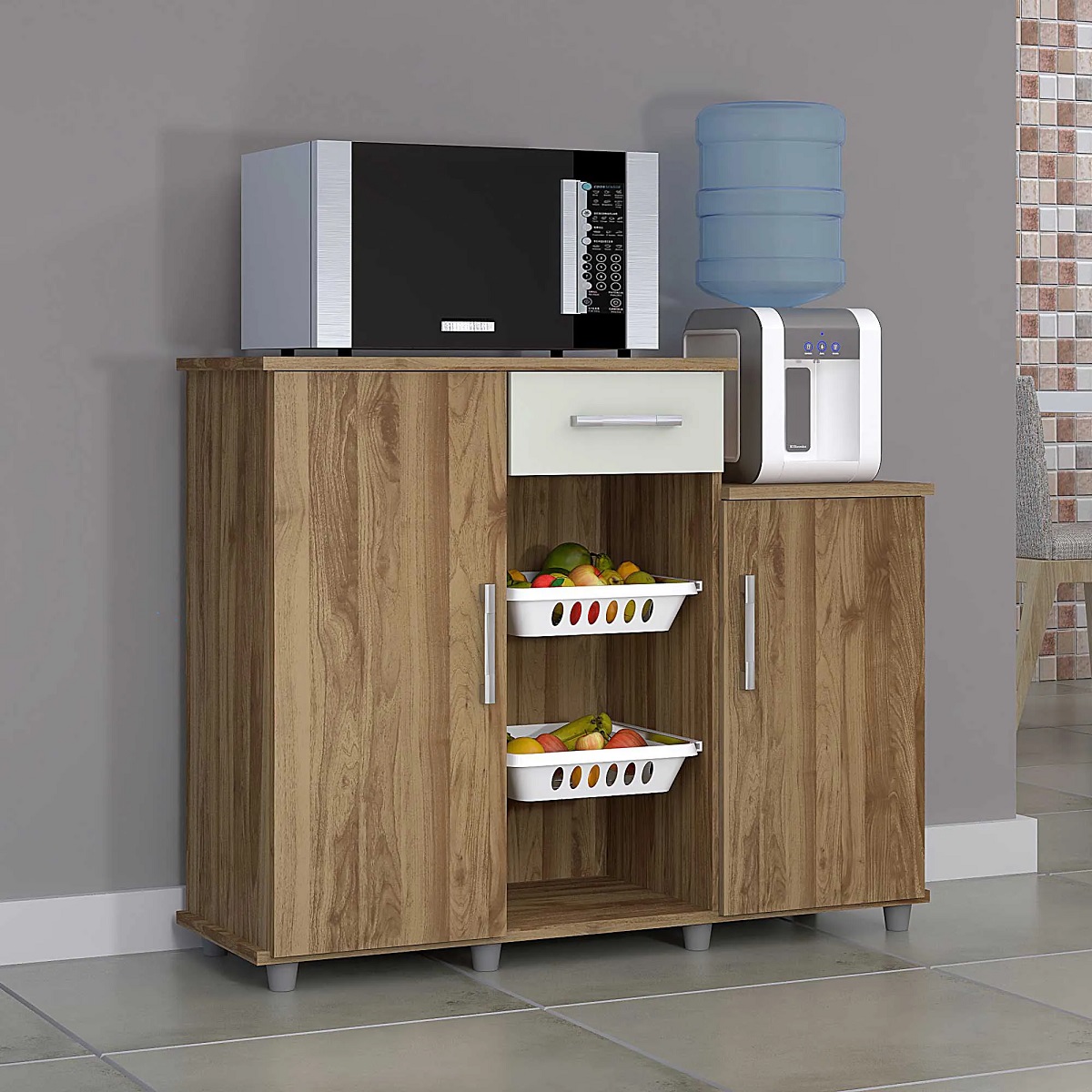 Fruteira de Chão para Cozinha 2 Portas 1 Gaveta Londres Magno - Freijó/Off White