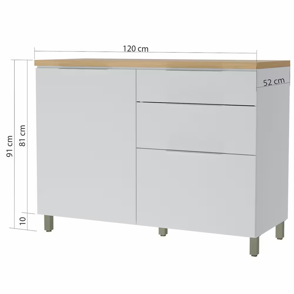 Balcão de Cozinha com Tampo 1 Portas 3 Gavetas Nature/Branco Nesher Marquesa - 100% MDF, , large image number 3