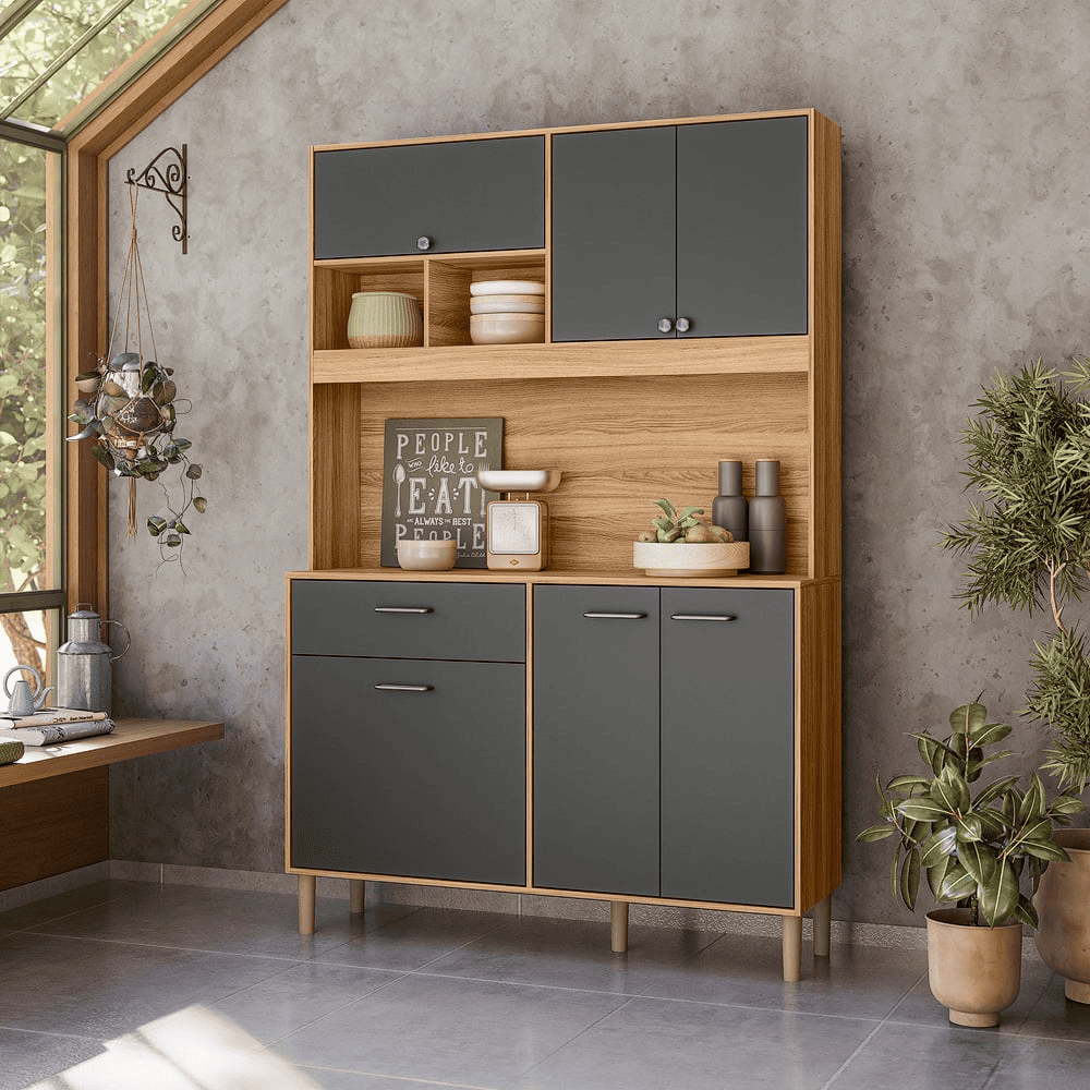 Arm&aacute;rio de Cozinha 120 cm 6 Portas 1 Gaveta Freij&oacute;/Chumbo Nicioli Erva Doce, , large image number 1