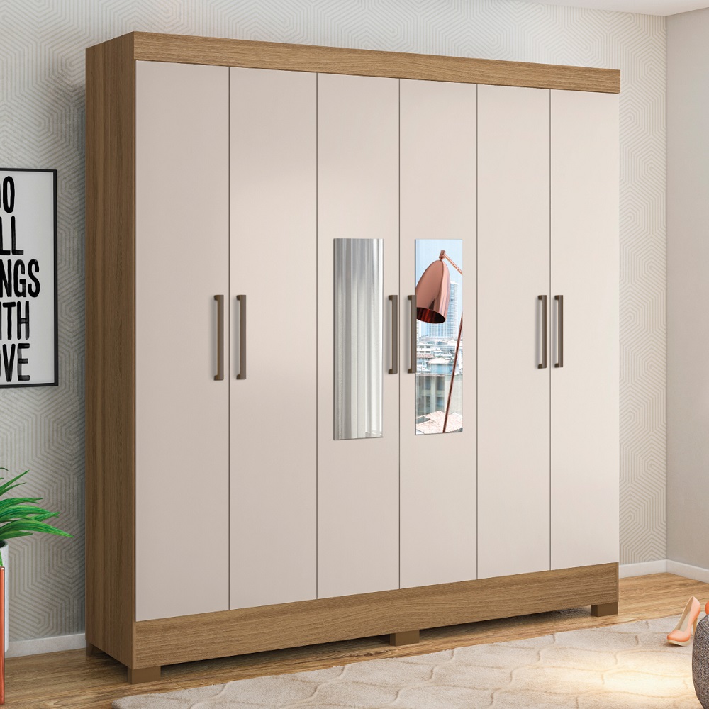 Guarda-Roupa Casal 6 Portas 3 Gavetas com Espelho Amendoa/Off White Demóbile Prático
