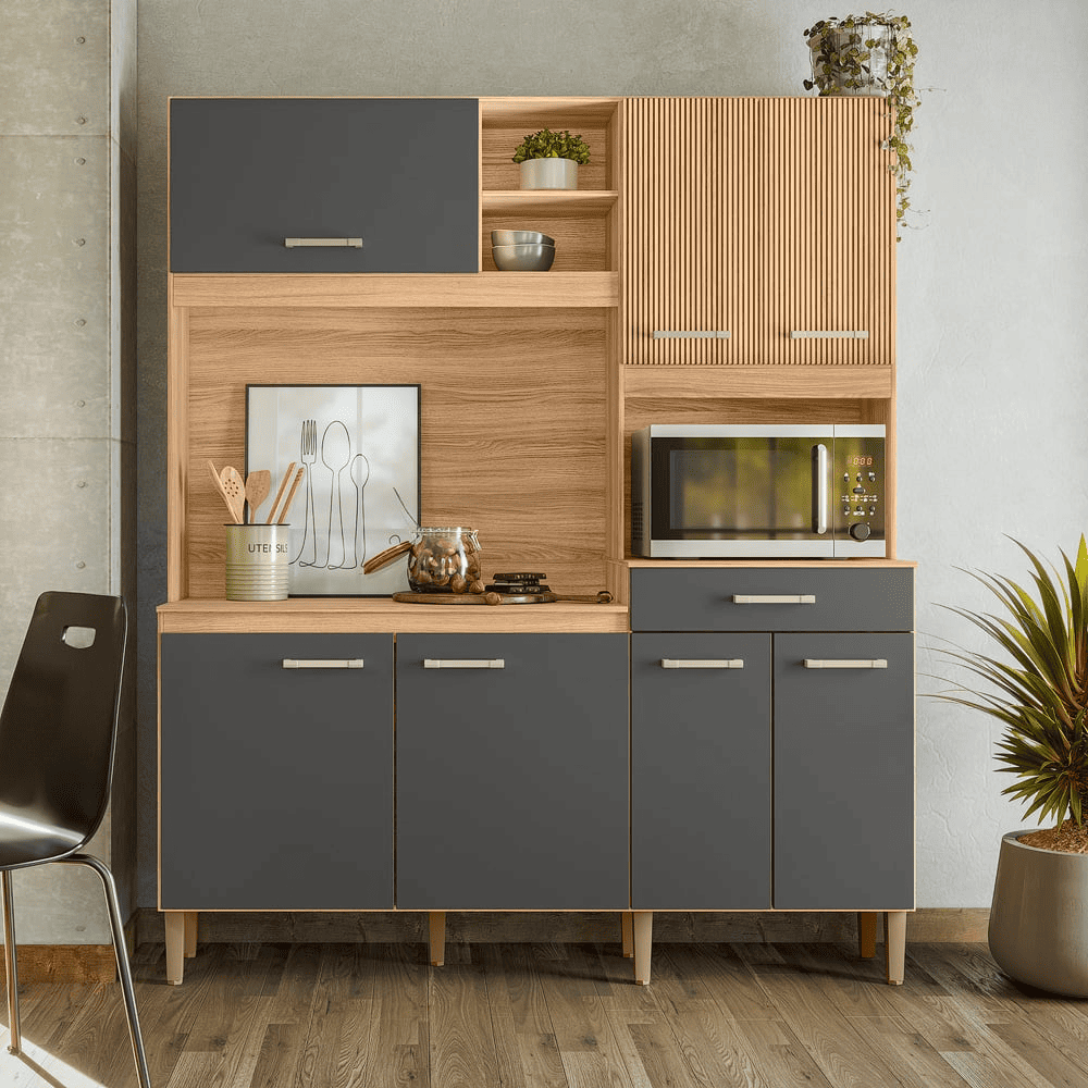 Arm&aacute;rio de Cozinha 160 cm 7 Portas 1 Gaveta Freij&oacute;/Chumbo/Ripado Nicioli Yara, , large image number 1