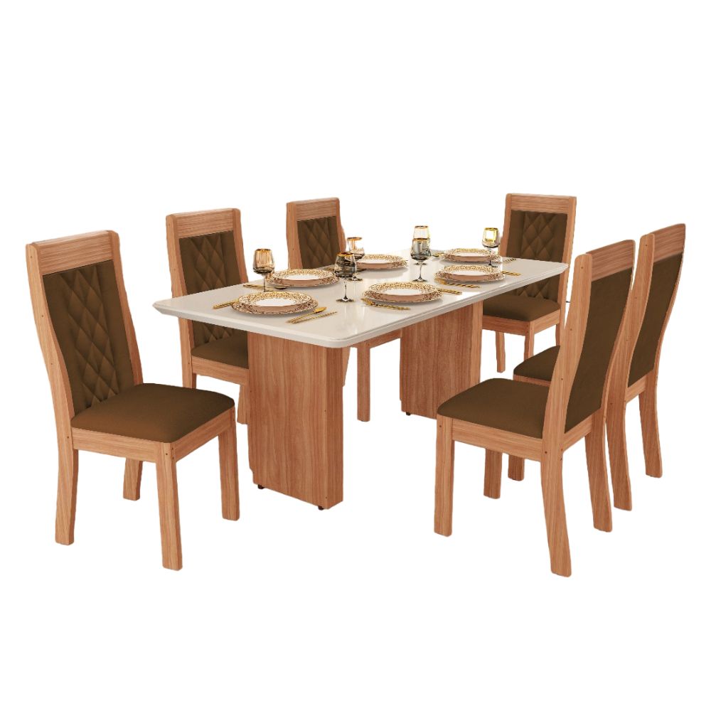 Conjunto de Mesa Tuboarte Helena com 6 Cadeiras Bella Tampo de Vidro 160cm Freijó/Off White/Cooke, , large image number 0
