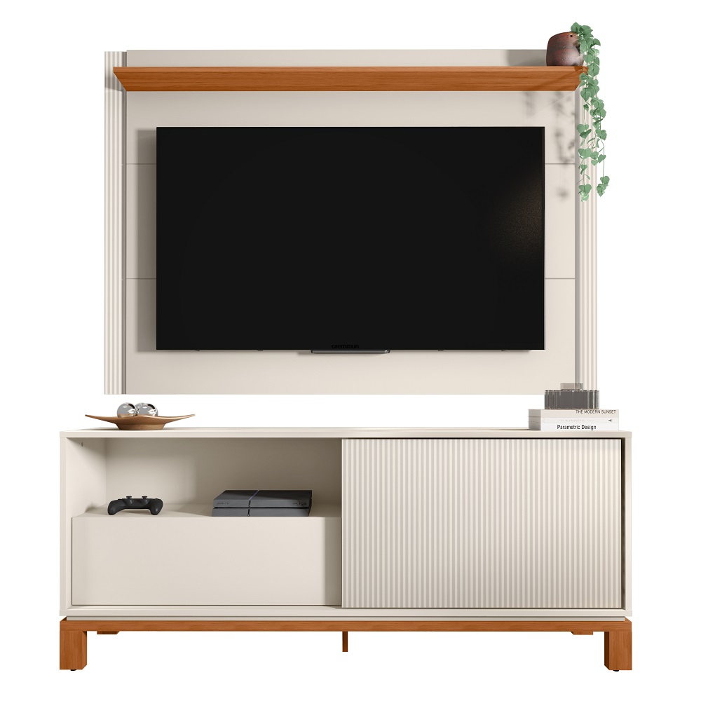Rack Com Painel Para TV Até 55 Polegadas Off White MR/Freijó Caemmun Mondrian
