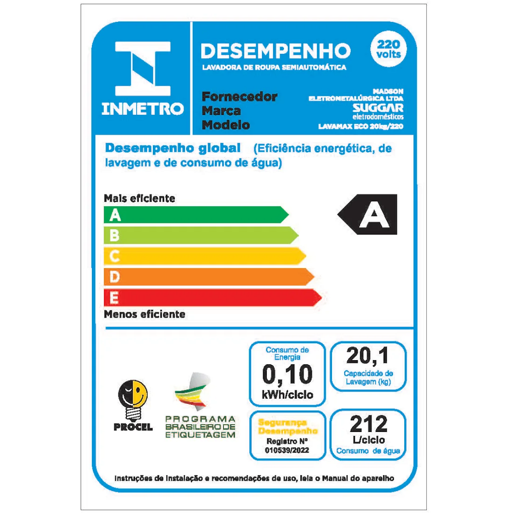 Tanquinho de Lavar Roupas Semi-automático Suggar 20kg 220V LE2022BR Branco, , large image number 6
